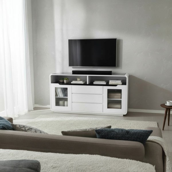 Obsidian Buffet Cabinet 1500mm – Modern Gloss White & Black Sideboard / TV Stand with Tempered Glass Top | NZ