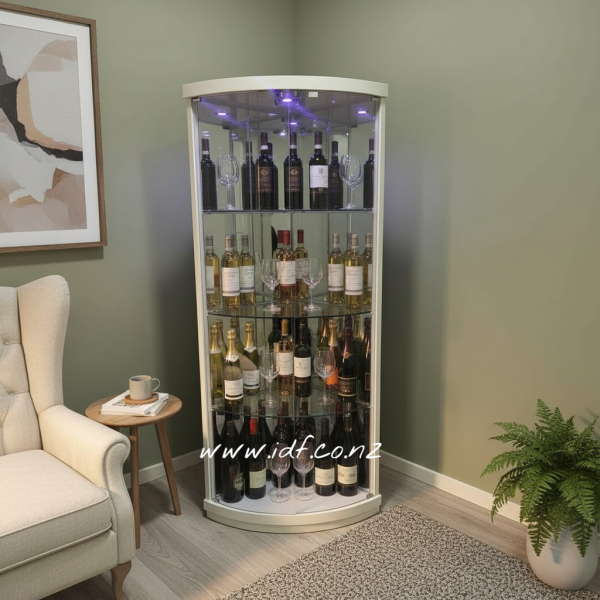 White Gloss Corner Display Cabinet with Glass Doors & LED Light | Lockable Display Cabinet NZ White Gloss Corner Display Cabinet with Glass Doors & LED Light | Lockable Display Cabinet NZ