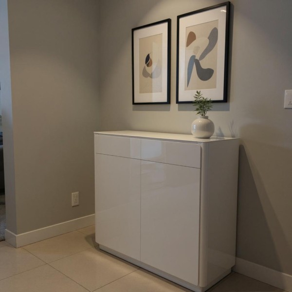 High Gloss Beige Storage Cabinet – 2 Doors & 2 Drawers, 95cm High Gloss Beige Storage Cabinet – 2 Doors & 2 Drawers, 95cm