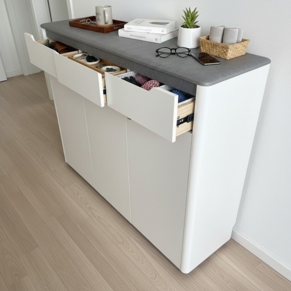 Modern 3 Drawer Shoe & Storage Cabinet – Angelic White & Grey