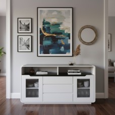 Obsidian Buffet Cabinet 1500mm – Modern Gloss White & Black Sideboard / TV Stand with Tempered Glass Top | NZ