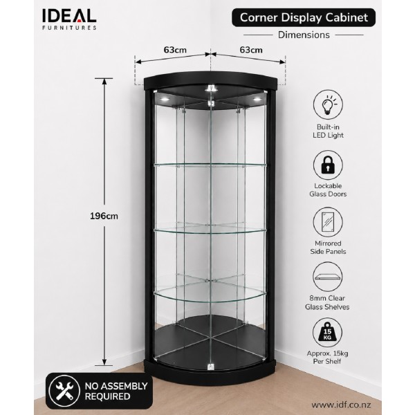 Black Corner Display Cabinet with Glass Doors & LED Light | Lockable Display Cabinet NZ