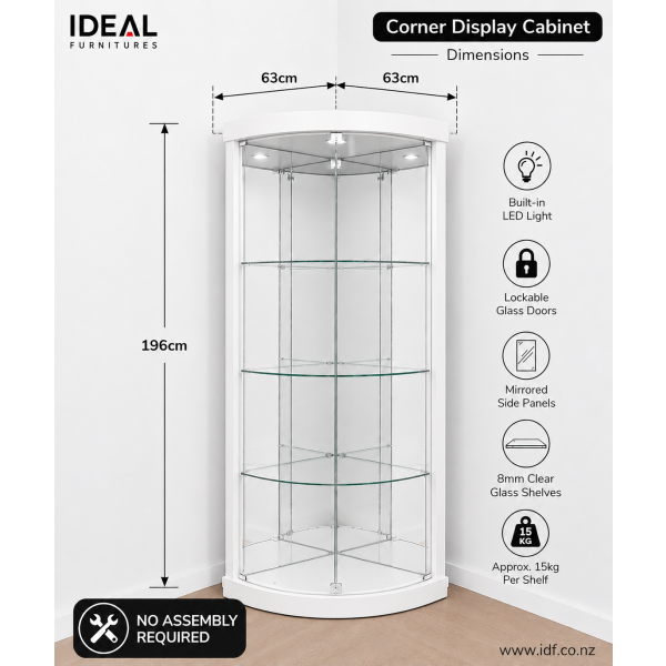 White Gloss Corner Display Cabinet with Glass Doors & LED Light | Lockable Display Cabinet NZ