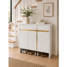 Platinum Shoe Cabinet 96cm Wide – White & Gold 3 Door Shoe Storage Organiser