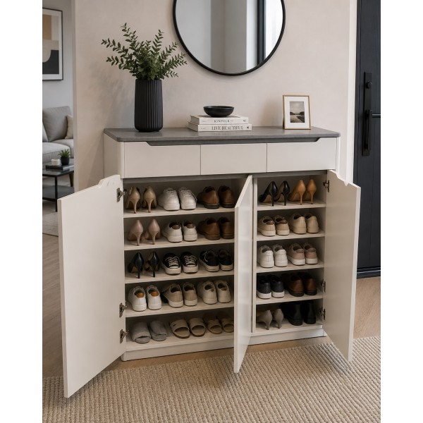 Modern 3 Drawer Shoe & Storage Cabinet – Angelic White & Grey