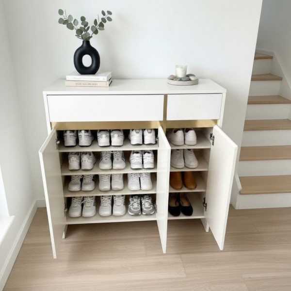 Platinum Shoe Cabinet 96cm Wide – White & Gold 3 Door Shoe Storage Organiser