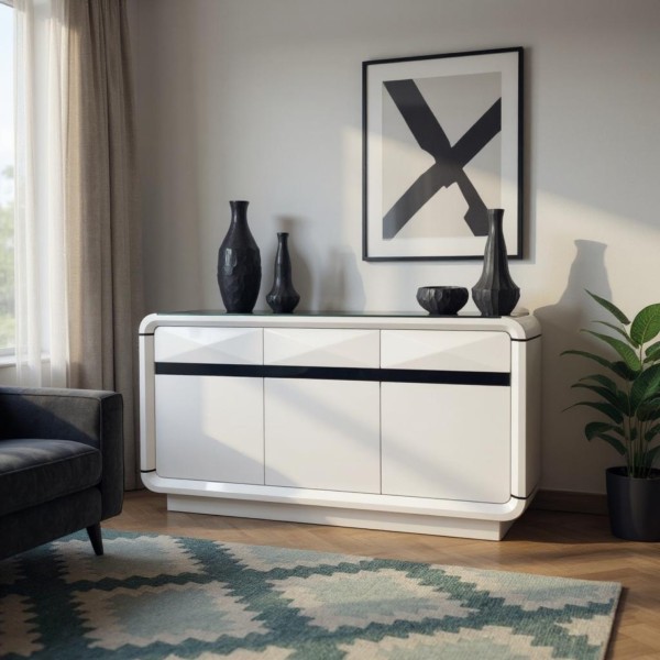 Modern Glass Top Sideboard Cabinet 1500mm – High Gloss White Buffet & TV Stand | NZ