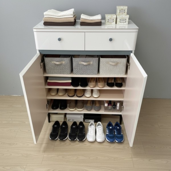 Modern White Gloss Shoe Storage Cabinet with Sintered Stone Top – 2 Drawers & 2 Doors | 80cm Entryway Cabinet NZ Modern White Gloss Shoe Storage Cabinet with Sintered Stone Top – 2 Drawers & 2 Doors | 80cm Entryway Cabinet NZ