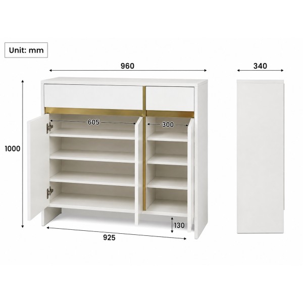 Platinum Shoe Cabinet 96cm Wide – White & Gold 3 Door Shoe Storage Organiser Platinum Shoe Cabinet 96cm Wide – White & Gold 3 Door Shoe Storage Organiser