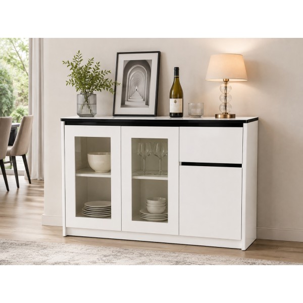 Modern Sideboard Cabinet – White Marble Glass Top 120cm