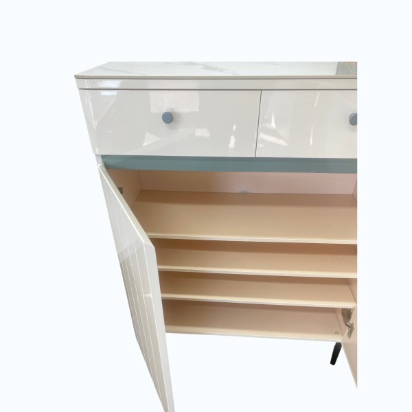 Modern White Gloss Shoe Storage Cabinet with Sintered Stone Top – 2 Drawers & 2 Doors | 80cm Entryway Cabinet NZ Modern White Gloss Shoe Storage Cabinet with Sintered Stone Top – 2 Drawers & 2 Doors | 80cm Entryway Cabinet NZ