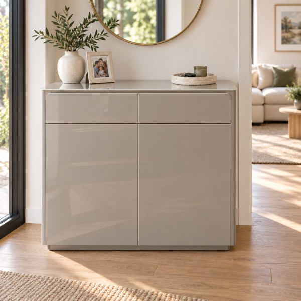 High Gloss Beige Storage Cabinet – 2 Doors & 2 Drawers, 95cm