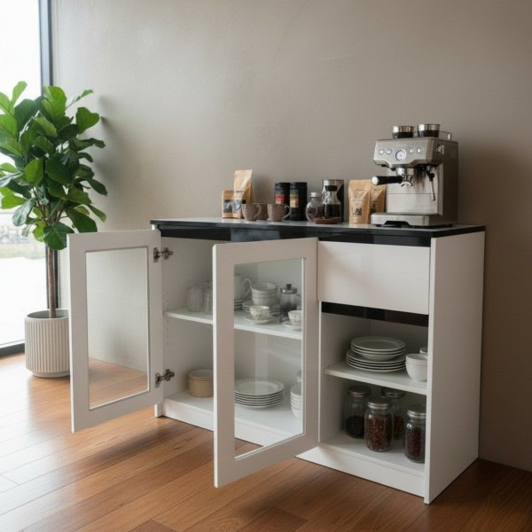 Modern Sideboard Cabinet – White Marble Glass Top 120cm