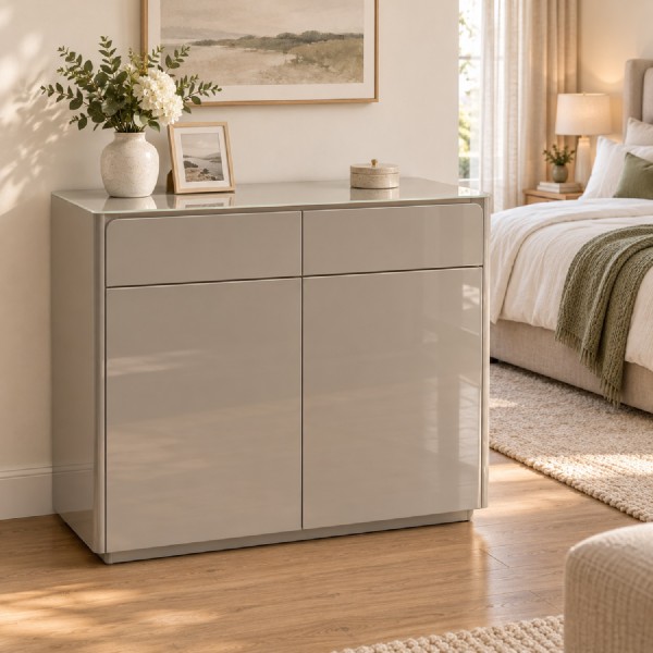 High Gloss Beige Storage Cabinet – 2 Doors & 2 Drawers, 95cm