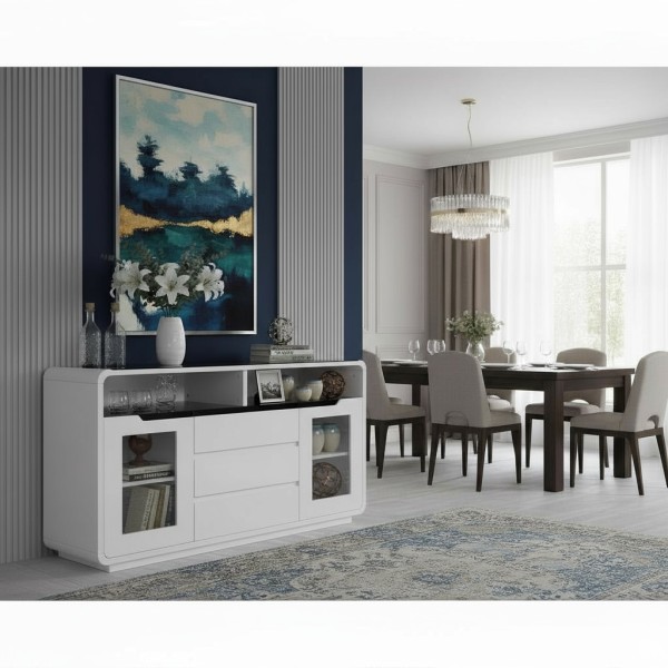 Obsidian Buffet Cabinet 1500mm – Modern Gloss White & Black Sideboard / TV Stand with Tempered Glass Top | NZ Obsidian Buffet Cabinet 1500mm – Modern Gloss White & Black Sideboard / TV Stand with Tempered Glass Top | NZ