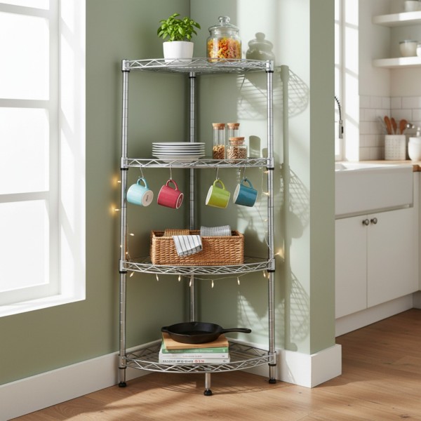 Chrome 4-Tier Corner Storage Rack – Heavy Duty Carbon Steel Organizer