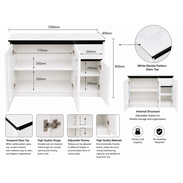 Modern Sideboard Cabinet – White Marble Glass Top 120cm Modern Sideboard Cabinet – White Marble Glass Top 120cm