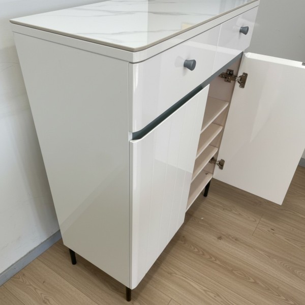 Modern White Gloss Shoe Storage Cabinet with Sintered Stone Top – 2 Drawers & 2 Doors | 80cm Entryway Cabinet NZ