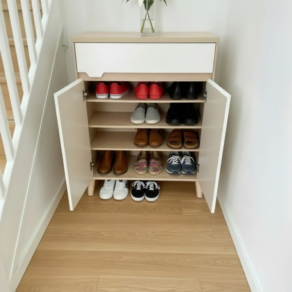 Modern 70cm Shoe Cabinet - Space-saving Entryway Storage in White & Light Oak 