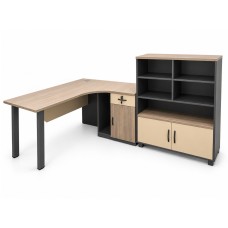 Corner Desk & Filing Cabinet Set – Light Walnut, Beige & Dark Grey