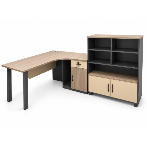 Corner Desk & Filing Cabinet Set – Light Walnut, Beige & Dark Grey
