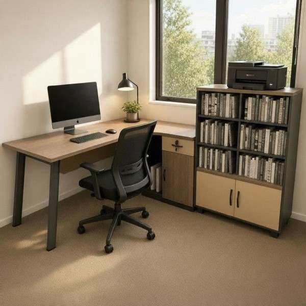 Corner Desk & Filing Cabinet Set – Light Walnut, Beige & Dark Grey Corner Desk & Filing Cabinet Set – Light Walnut, Beige & Dark Grey