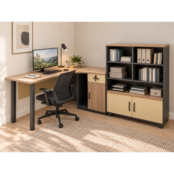 Corner Desk & Filing Cabinet Set – Light Walnut, Beige & Dark Grey Corner Desk & Filing Cabinet Set – Light Walnut, Beige & Dark Grey