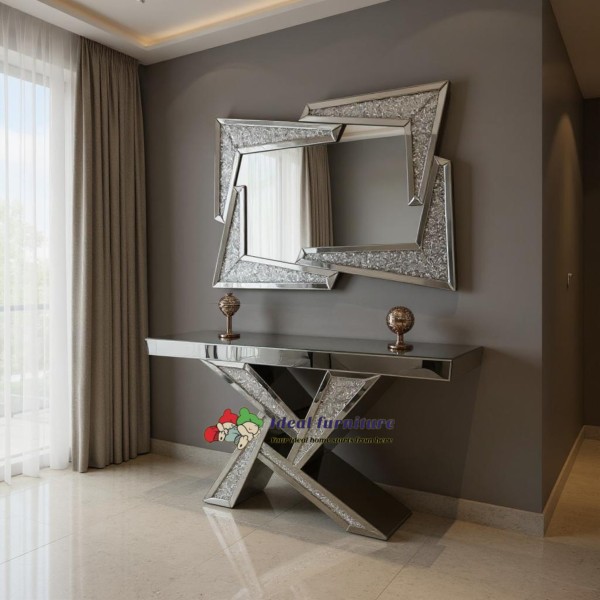 Mirrored Glass Console Table & Wall Mirror Set – Luxury Crushed Diamond Hall Table | NZ