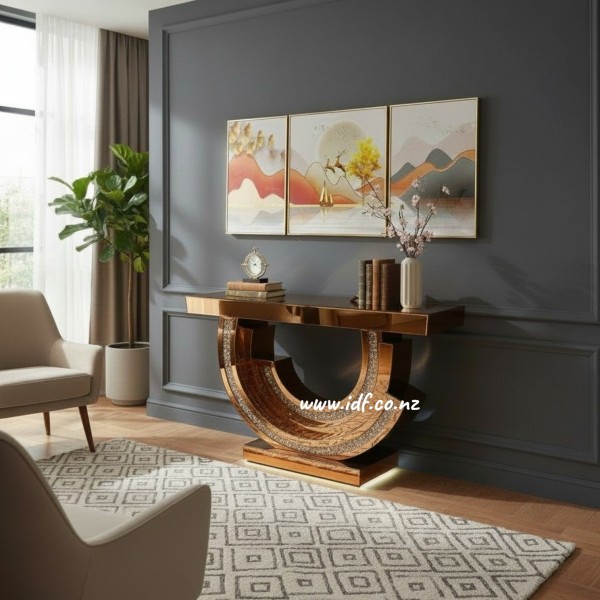 Luxury Rose Gold Console Table & 3 Piece Golden Wall Art Set – Mirrored Entryway Furniture NZ