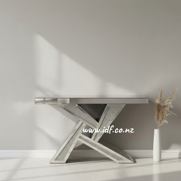 Mirrored Glass Console Table & Wall Mirror Set – Luxury Crushed Diamond Hall Table | NZ