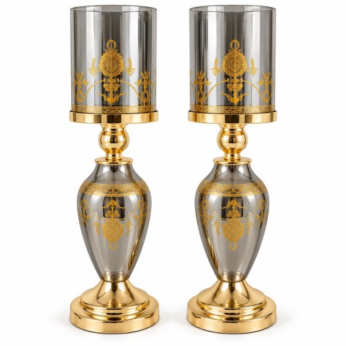  40cm Gold Hurricane Candle Holders with Grey Glass Shades – Set of 2