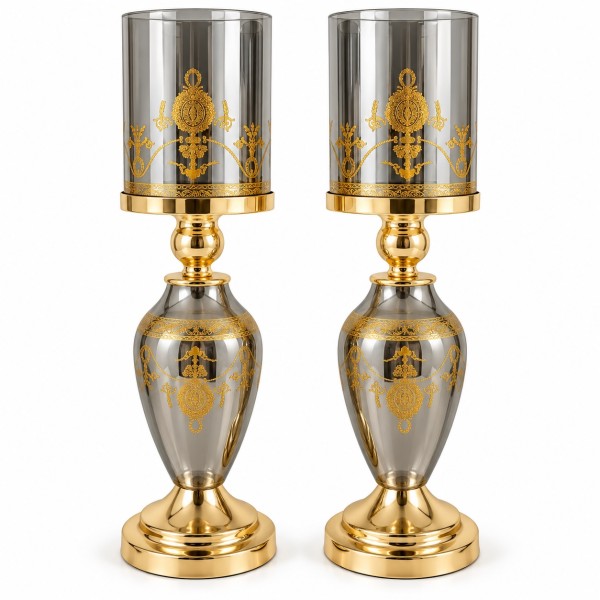  40cm Gold Hurricane Candle Holders with Grey Glass Shades – Set of 2