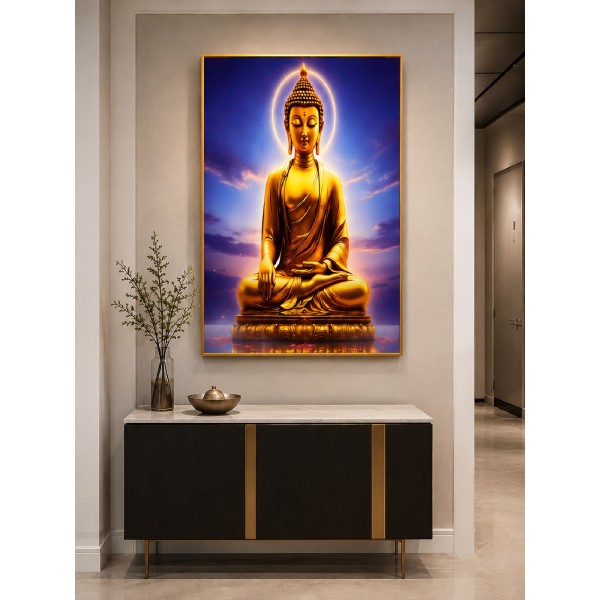 Golden Buddha Wall Art – Crystal Porcelain Art with Gold Aluminium Frame 60x90cm | Luxury Buddha Wall Decor NZ Golden Buddha Wall Art – Crystal Porcelain Art with Gold Aluminium Frame 60x90cm | Luxury Buddha Wall Decor NZ