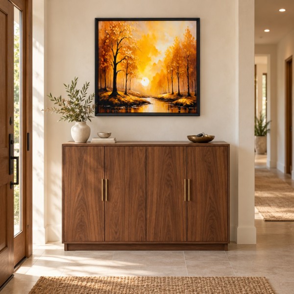Golden Tree Sunlit Sanctuary Framed Wall Art (70 x 70cm) – Autumn Forest Landscape Print, Modern Square Nature Wall Decor with Black Frame