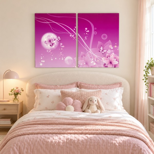 Pink Butterfly & Floral Canvas Wall Art – Set of 2