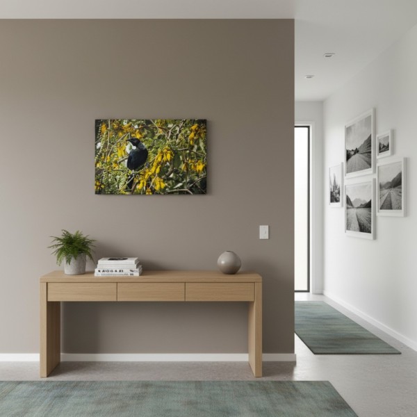 NZ Tūī Canvas Wall Art – Native Bird Canvas Print with Yellow Kowhai Flowers | Framed Wall Decor NZ