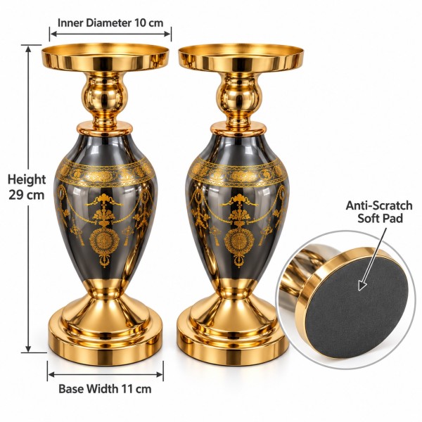European Style Gold & Glass Pillar Candle Holders – Set of 2
