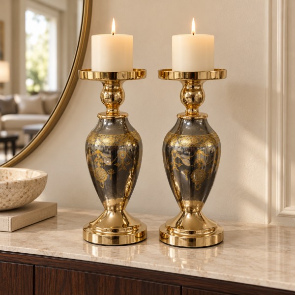 European Style Gold & Glass Pillar Candle Holders – Set of 2 European Style Gold & Glass Pillar Candle Holders – Set of 2