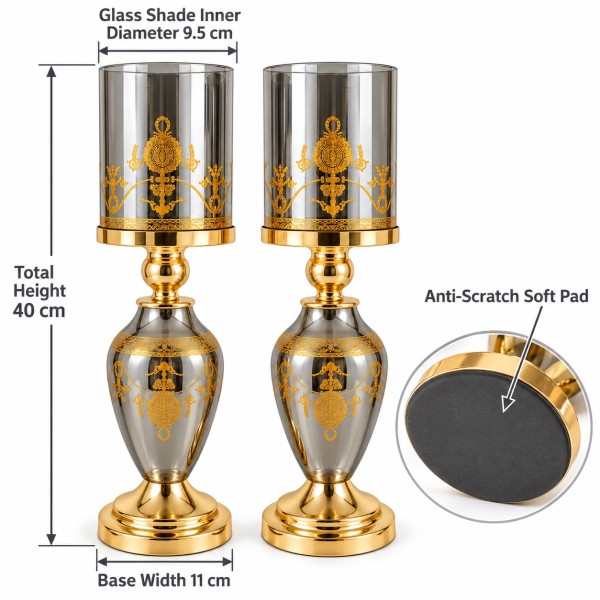 40cm Gold Hurricane Candle Holders with Grey Glass Shades – Set of 2 40cm Gold Hurricane Candle Holders with Grey Glass Shades – Set of 2
