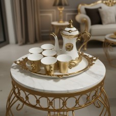 Luxury 8-Piece Gold & White Ceramic Tea Set – Elegant Teapot, 6 Cups & Ornate Serving Tray