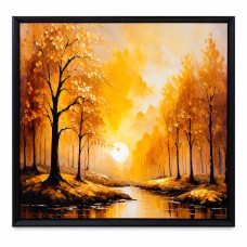 Golden Tree Sunlit Sanctuary Framed Wall Art (70 x 70cm) – Autumn Forest Landscape Print, Modern Square Nature Wall Decor with Black Frame