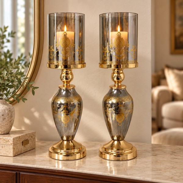 40cm Gold Hurricane Candle Holders with Grey Glass Shades – Set of 2 40cm Gold Hurricane Candle Holders with Grey Glass Shades – Set of 2