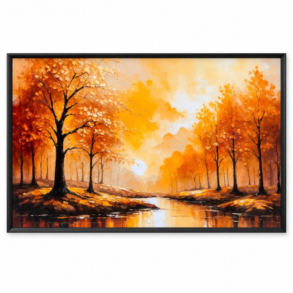 Golden Tree Sunlit Sanctuary Framed Wall Art (120 x 80cm) – Large Horizontal Autumn Forest Landscape Print, Modern Nature Wall Decor with Black Frame