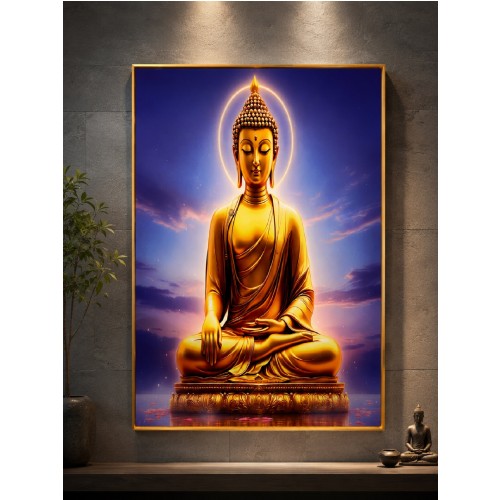 Golden Buddha Wall Art – Crystal Porcelain Art with Gold Aluminium Frame 60x90cm | Luxury Buddha Wall Decor NZ