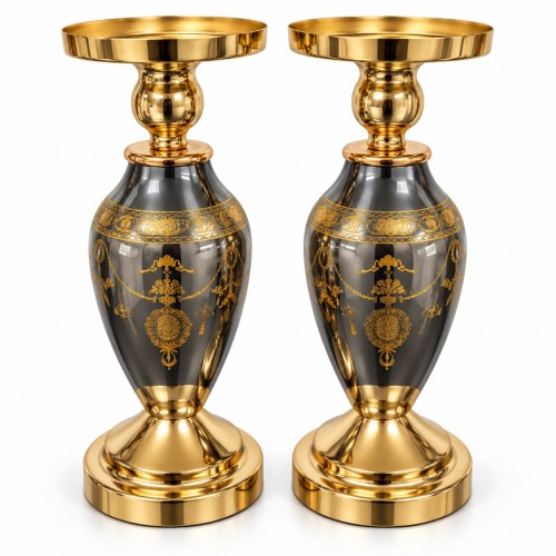European Style Gold & Glass Pillar Candle Holders – Set of 2