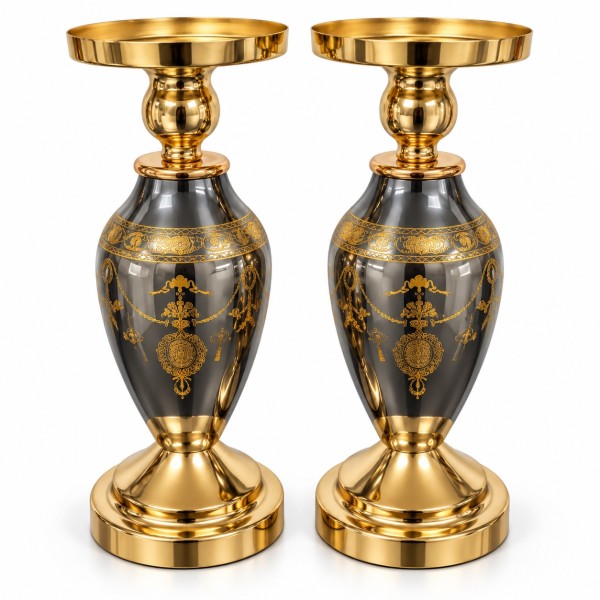 European Style Gold & Glass Pillar Candle Holders – Set of 2