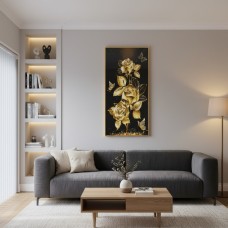 Golden Rose & Butterfly Crystal Wall Art - Gold Aluminum Frame (100x50cm)