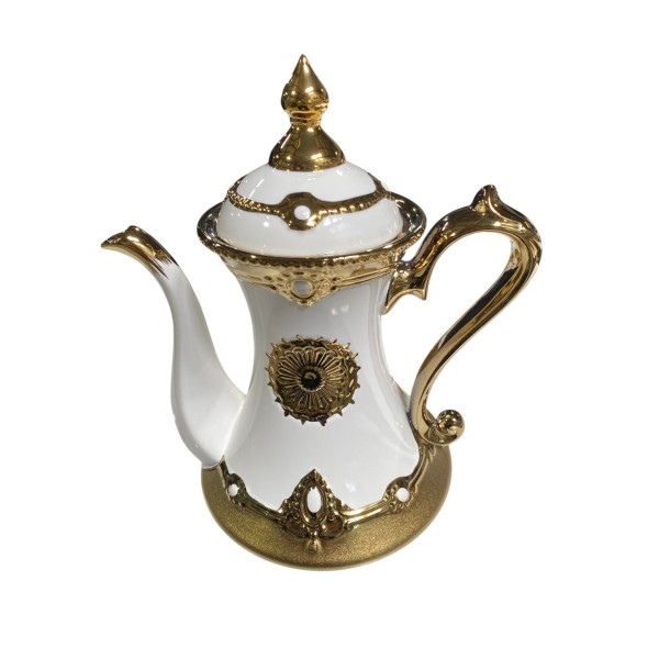 Luxury 8-Piece Gold & White Ceramic Tea Set – Elegant Teapot, 6 Cups & Ornate Serving Tray Luxury 8-Piece Gold & White Ceramic Tea Set – Elegant Teapot, 6 Cups & Ornate Serving Tray