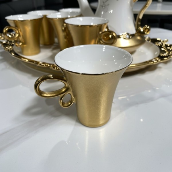 Luxury 8-Piece Gold & White Ceramic Tea Set – Elegant Teapot, 6 Cups & Ornate Serving Tray