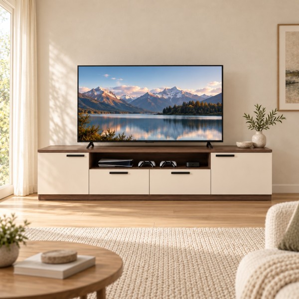 180cm TV Cabinet with Deep Drawers – Light Walnut & Beige
